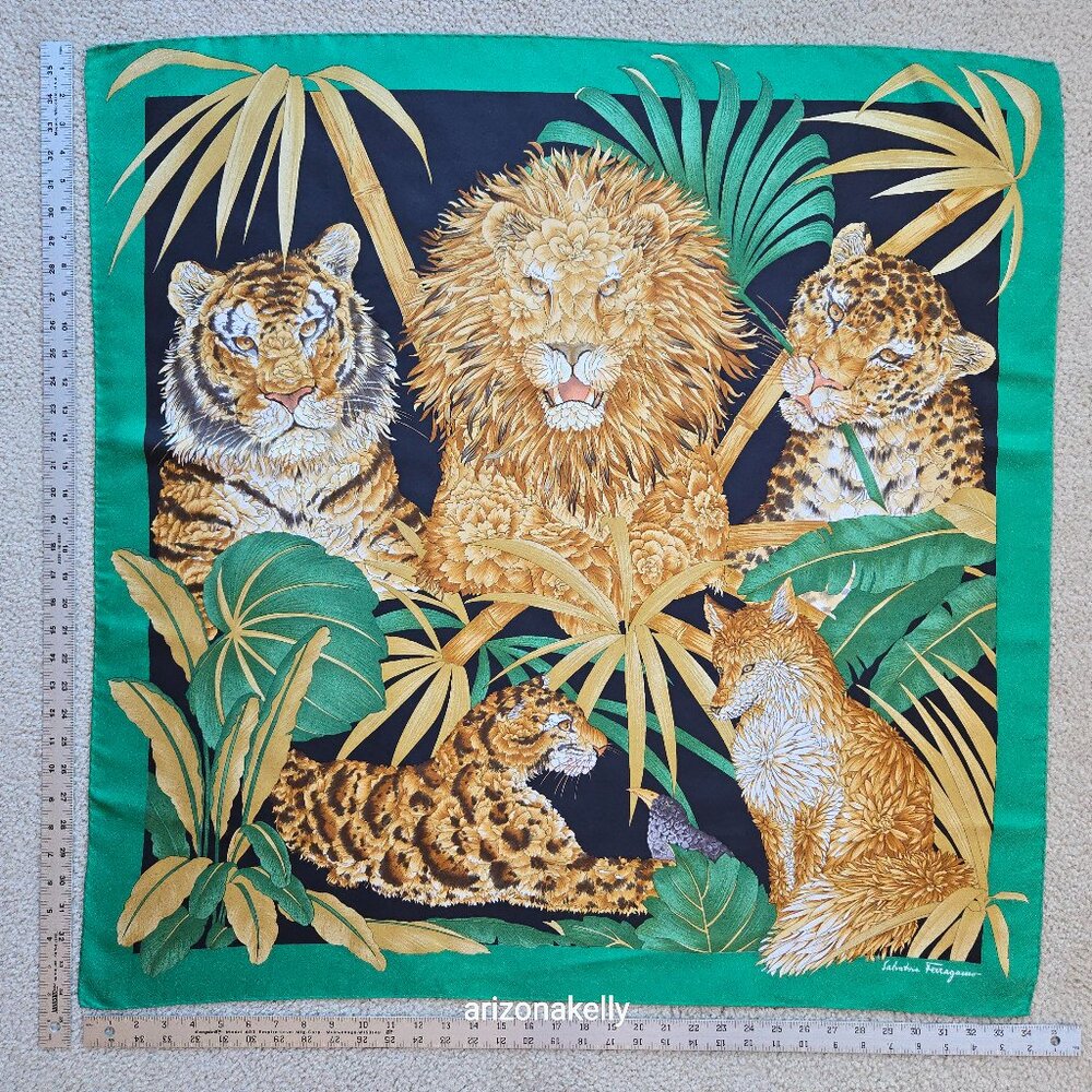 Salvatore Ferragamo Silk Carré Scarf Big Cats, Fox, Bird in Floral Style Jungle